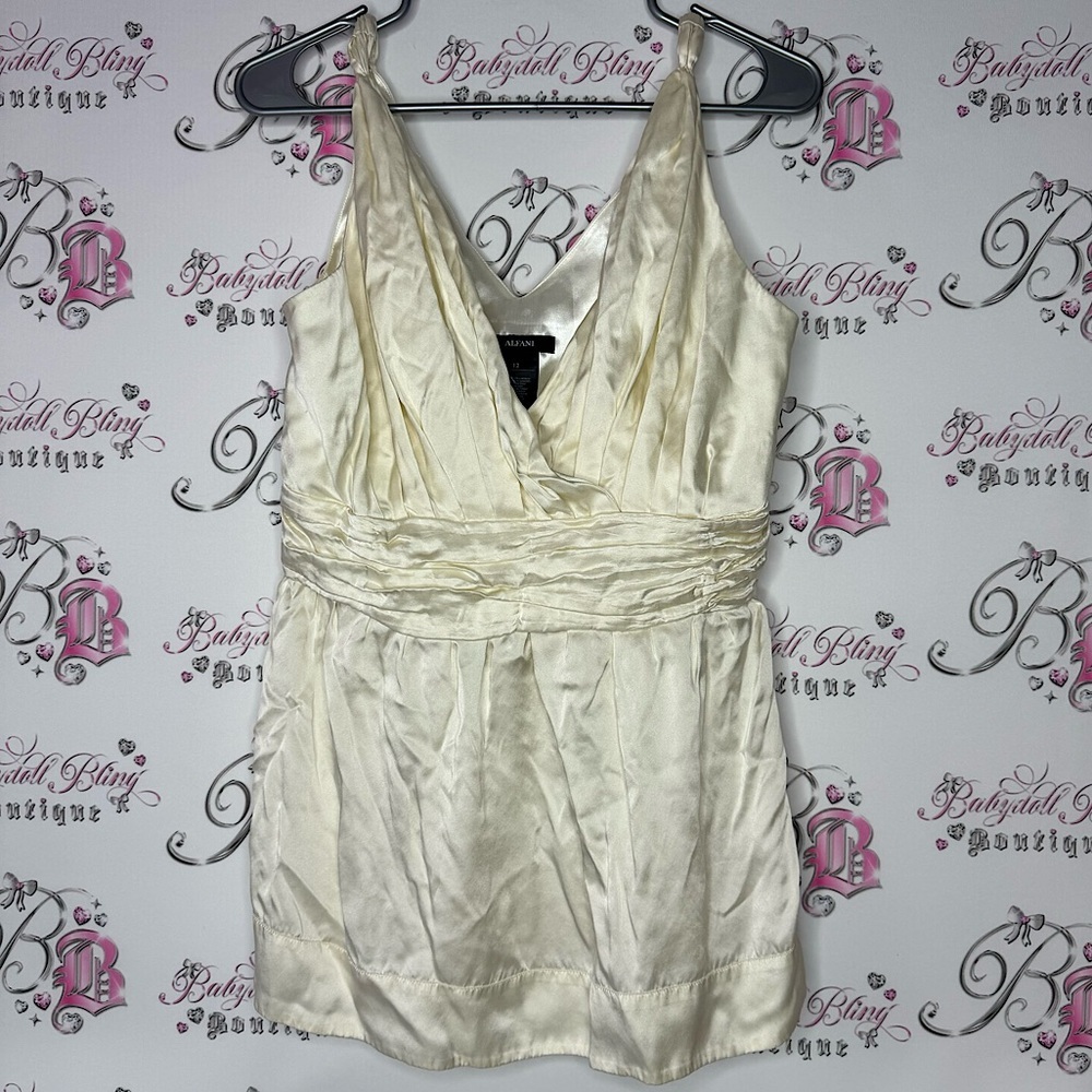 Alfani silk top tank cream white luxury sexy shimmer shiny silky blouse vneck